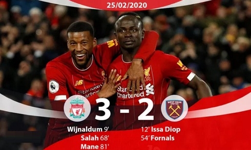 Video bóng đá Premier League 2019-2020: Liverpool 3-2 West Ham